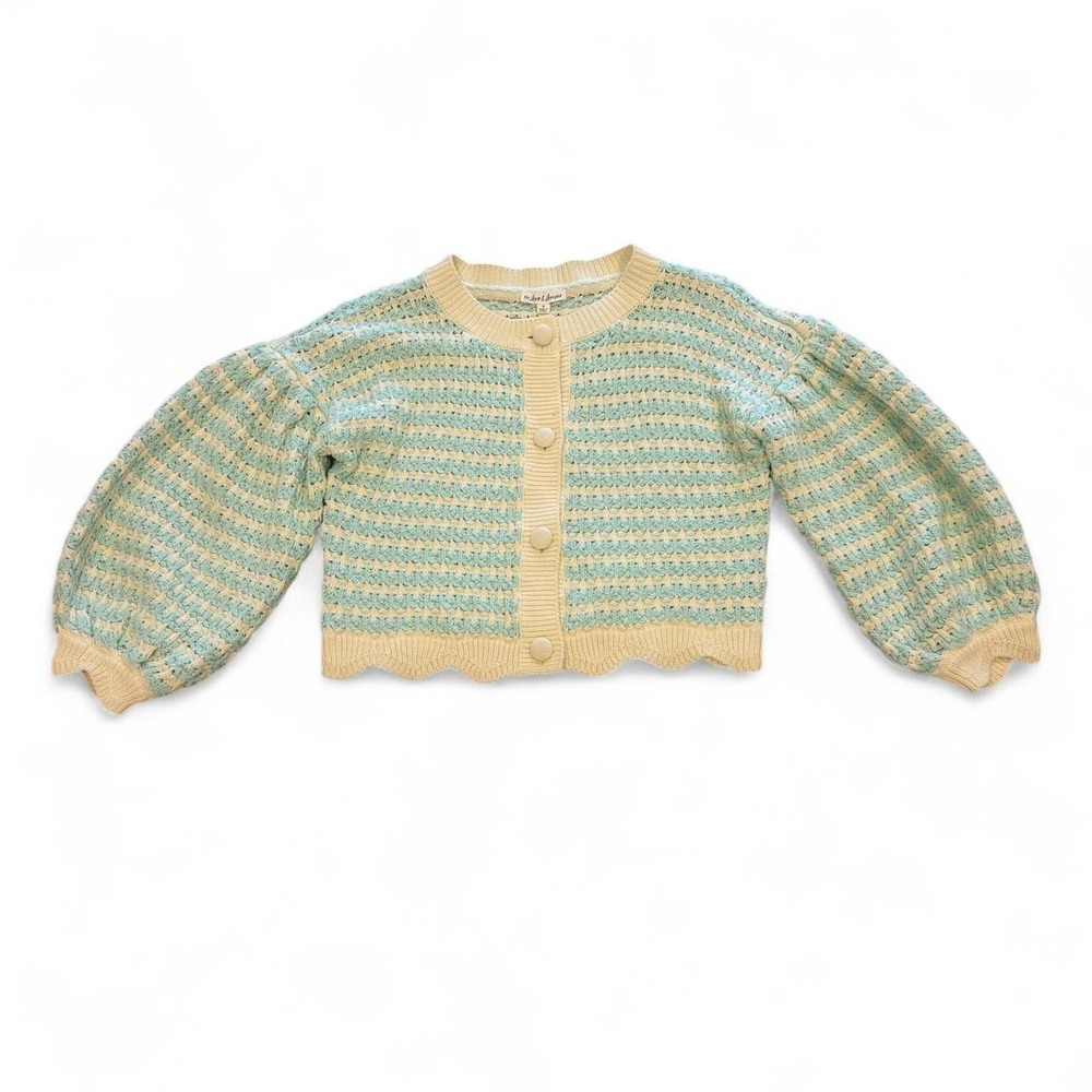 For Love & Lemons Cream and Teal Knit Balloon Sleeve Cardigan